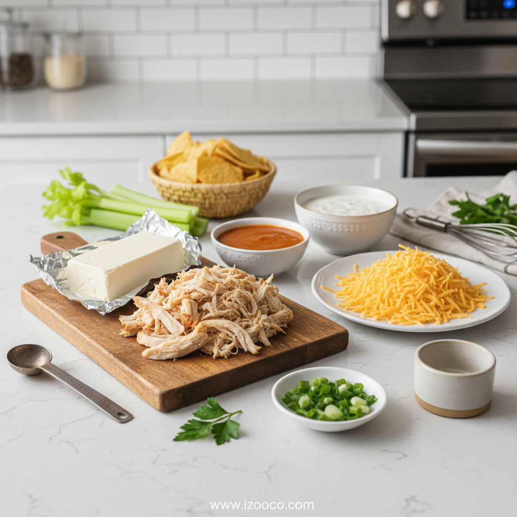 Ingredients for buffalo chicken dip including cream cheese, buffalo sauce, and shredded chicken