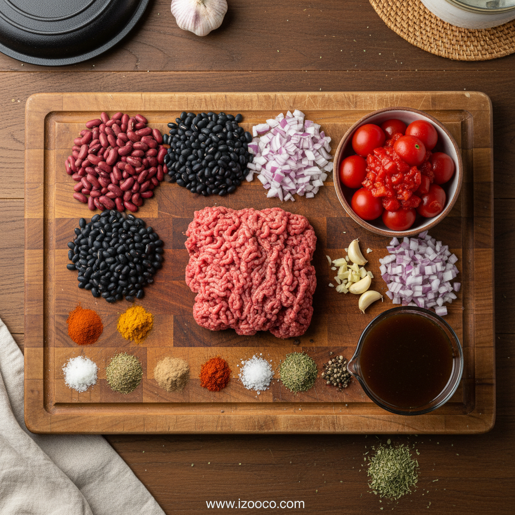 The Ultimate Slow Cooker Beef Chili Recipe - Easy Crockpot Chili 2 Ingredients for beef chili including ground beef, beans, tomatoes, and spices