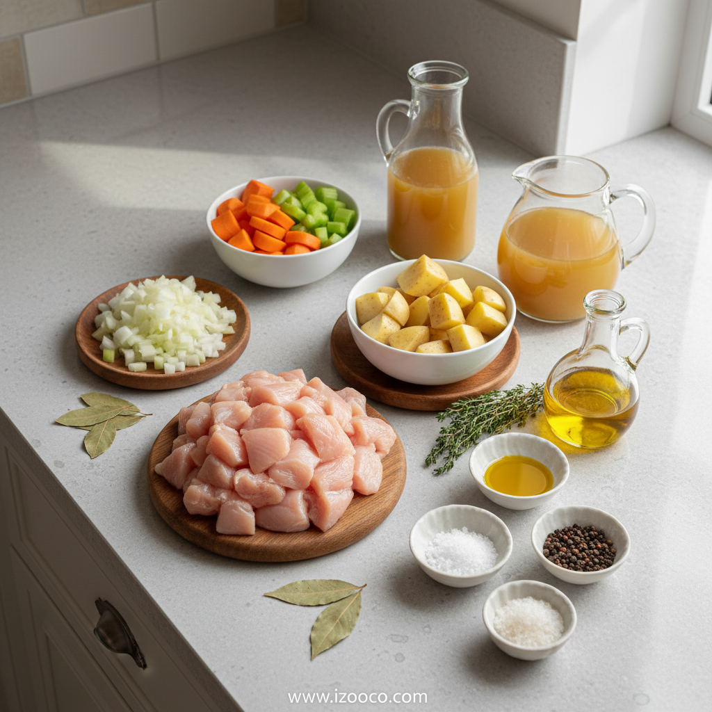 Fresh ingredients for slow cooker chicken stew including chicken, carrots, potatoes, and herbs