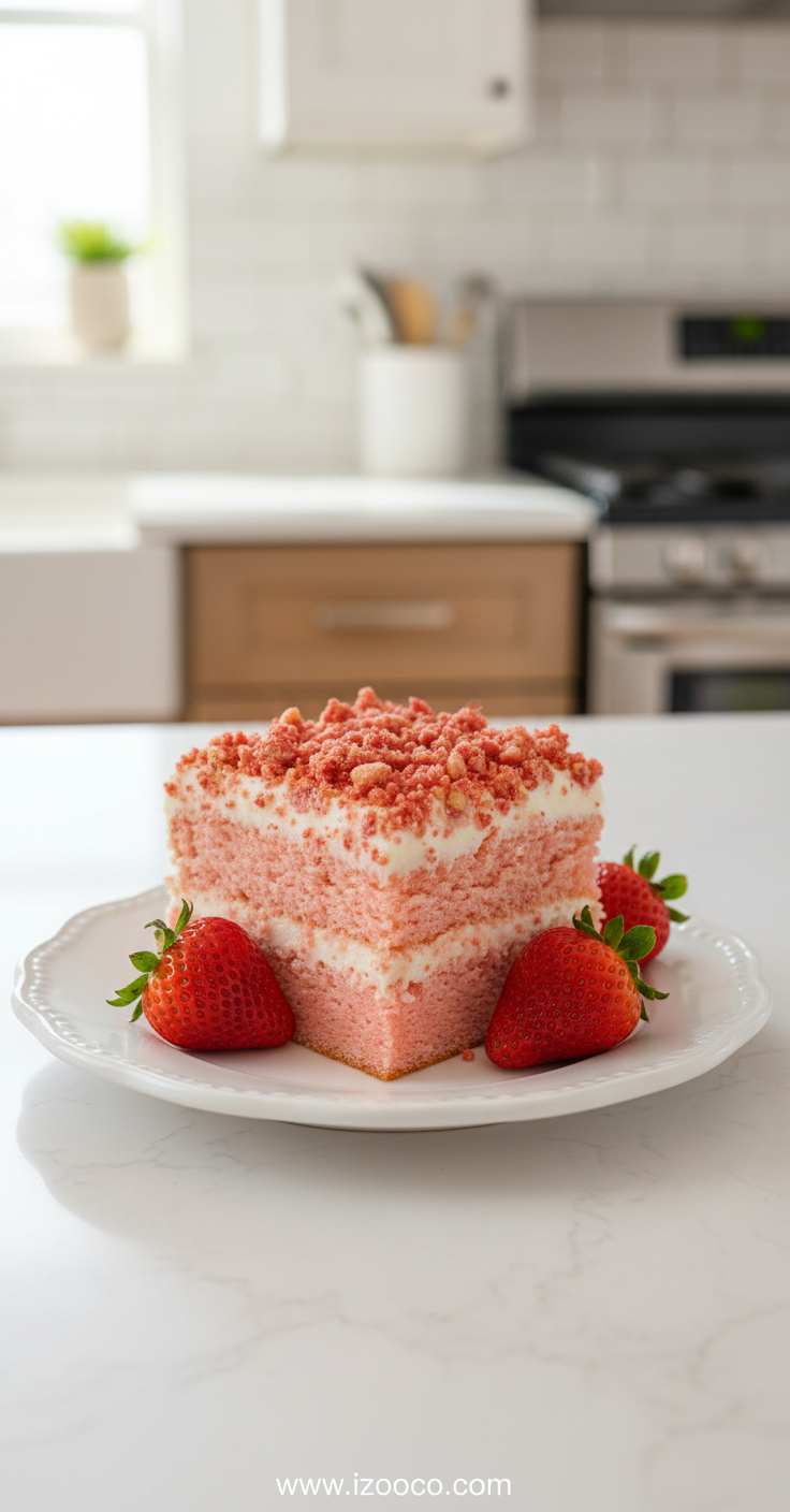 Beautiful strawberry crunch cake with golden crumble topping and fresh strawberries