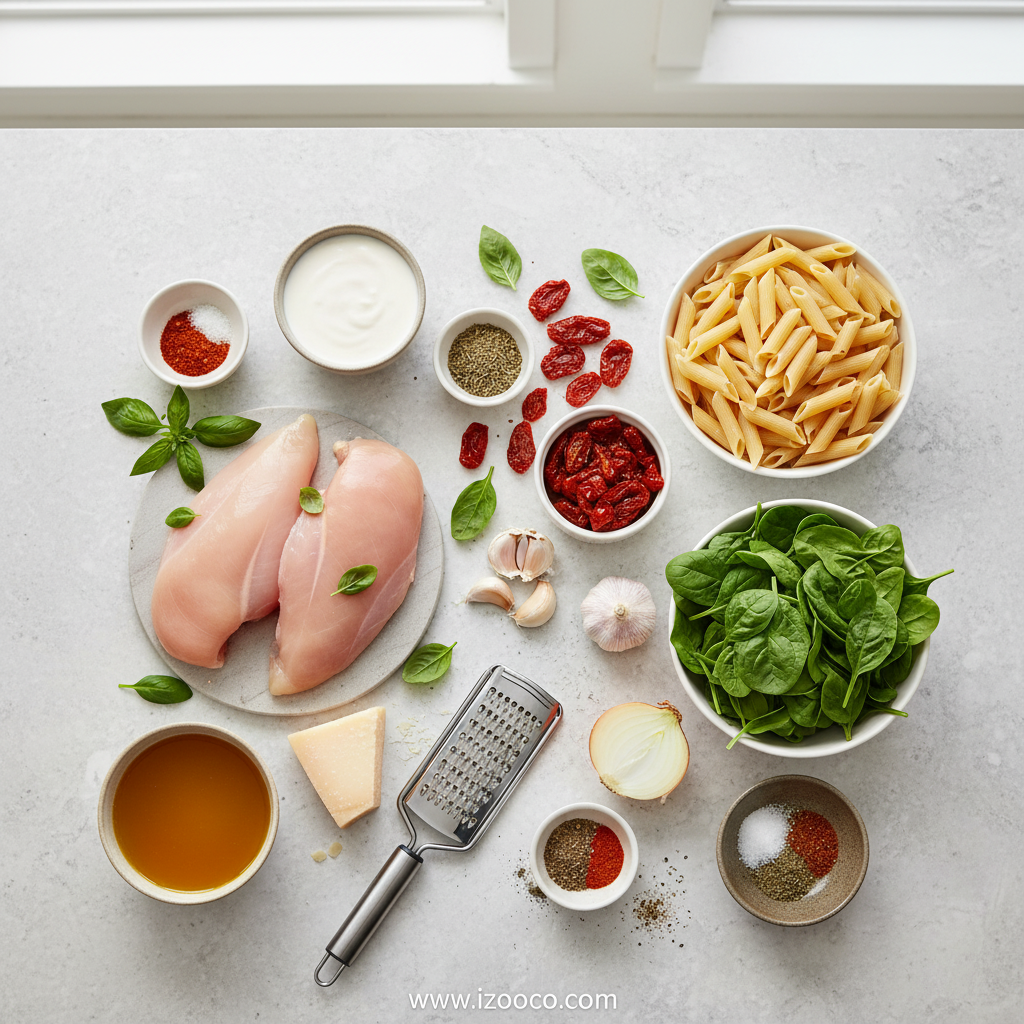 Ingredients for marry me chicken pasta including chicken, pasta, sun-dried tomatoes
