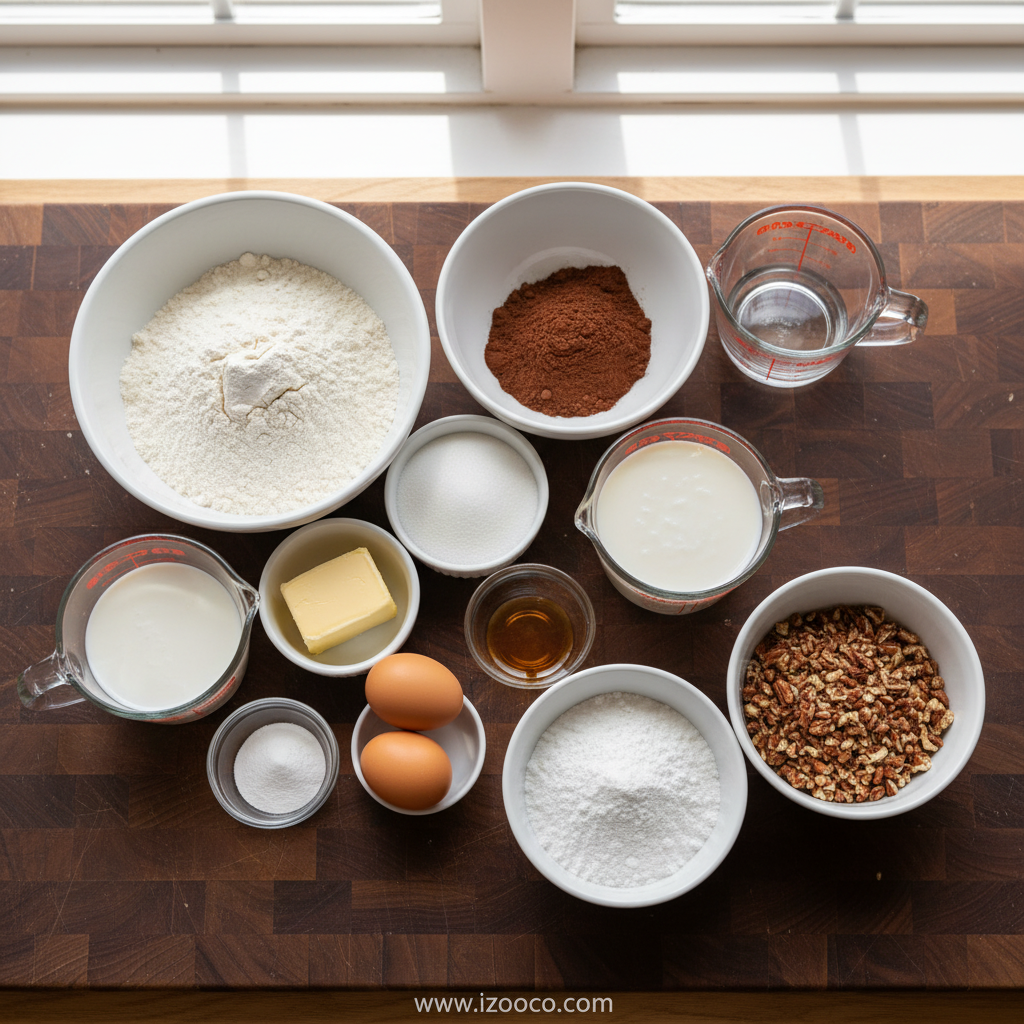 Ingredients for Texas Chocolate Sheet Cake lined up on counter