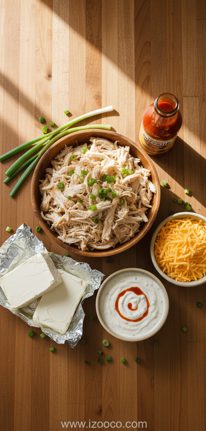Ultimate Buffalo Chicken Dip Recipe - Creamy Crowd-Pleasing Appetizer 2 Ingredients for buffalo chicken dip including chicken, cream cheese, buffalo sauce, ranch dressing