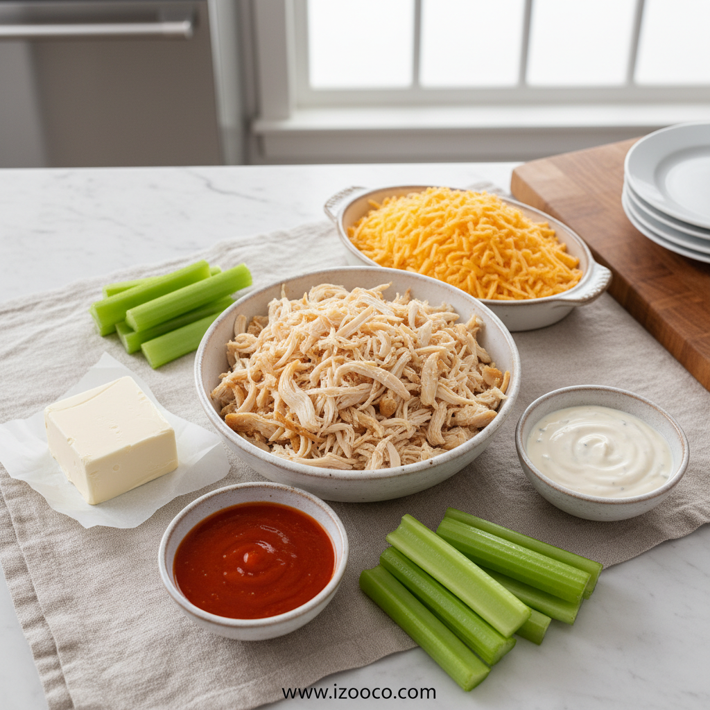 The Ultimate Buffalo Chicken Dip Recipe - Crowd-Favorite Party Appetizer 2 Ingredients for buffalo chicken dip including cream cheese, hot sauce, shredded chicken, and cheese