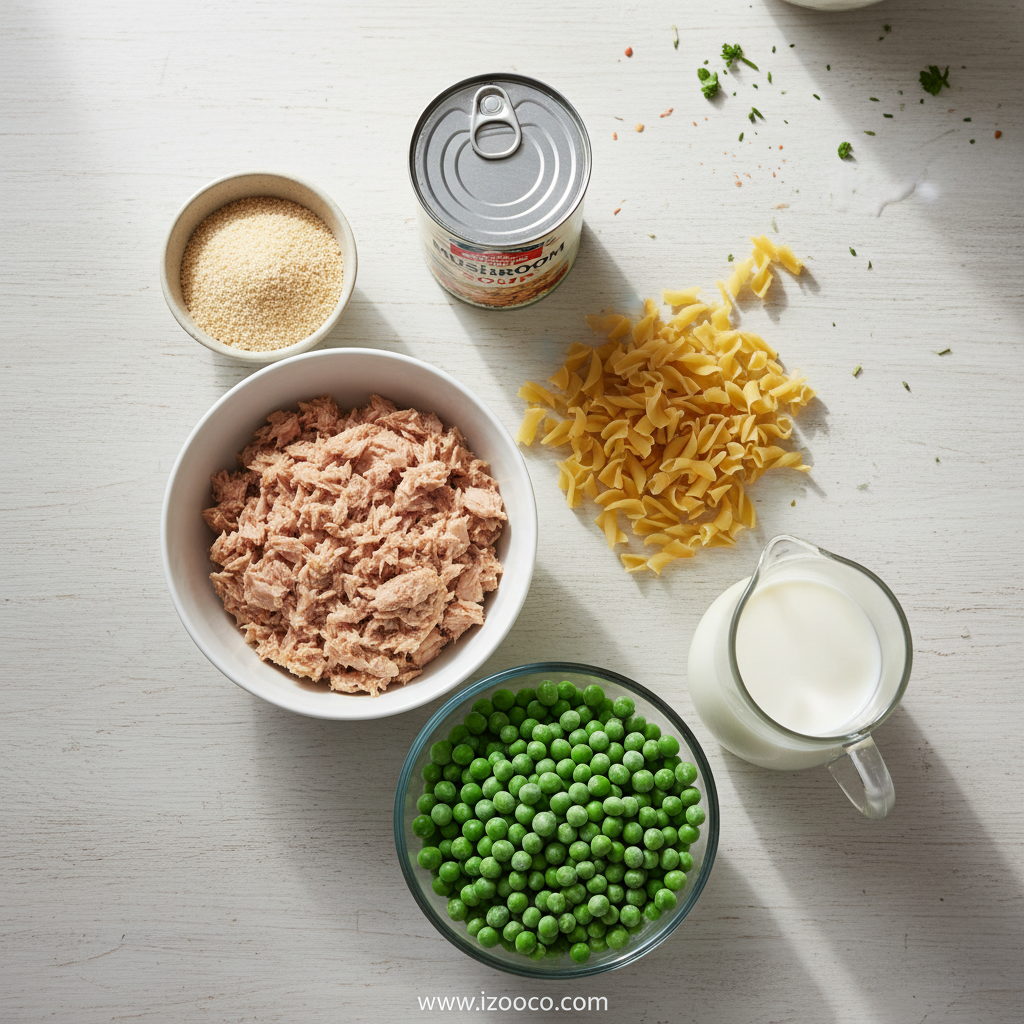 Ingredients for tuna noodle casserole including noodles, tuna, peas, and cheese