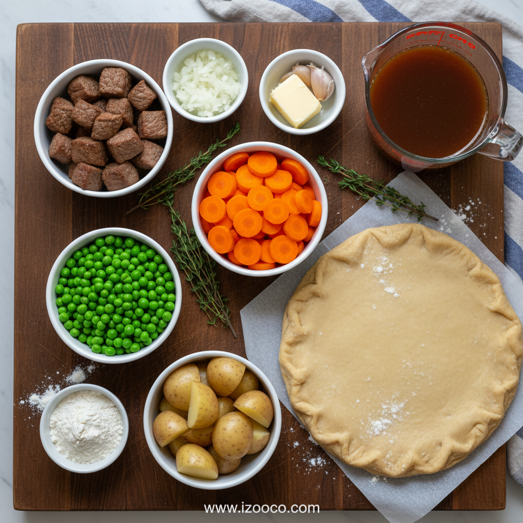 Ingredients for Beef Pot Pie laid out on a counter
