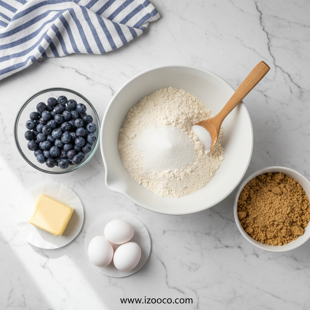 Ingredients for blueberry muffins with crumble top