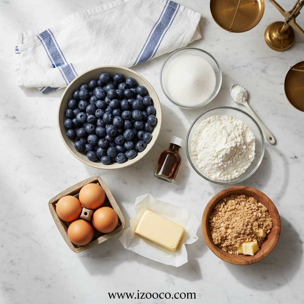 Ingredients for blueberry muffins with crumble topping