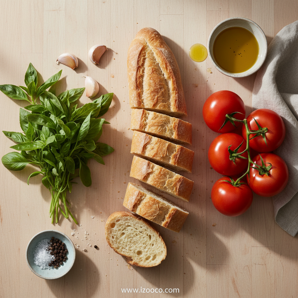 Fresh ingredients for Bruschetta Al Pomodoro