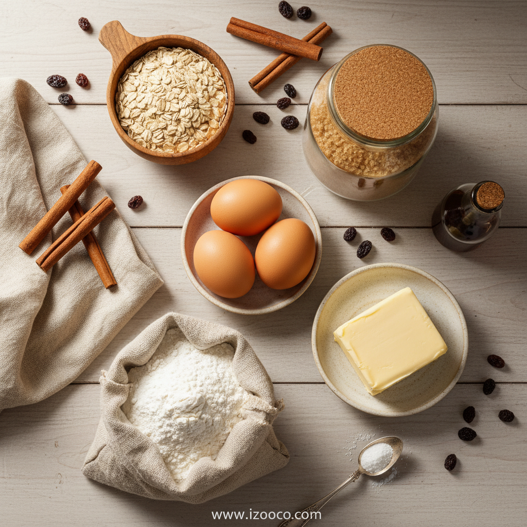 Ingredients for chewy oatmeal cookies