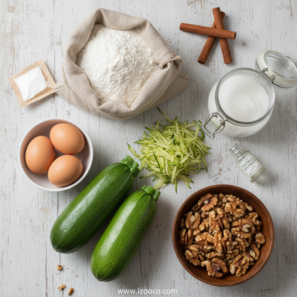 Ingredients for zucchini bread: flour, zucchini, eggs, sugar, and spices