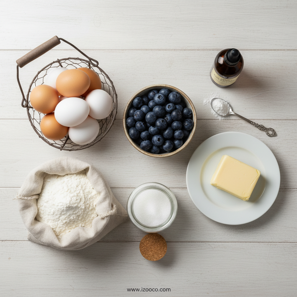 Ingredients for blueberry muffins laid out on a counter