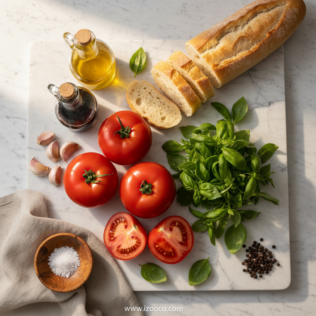 Fresh ingredients for Tomato Basil Bruschetta