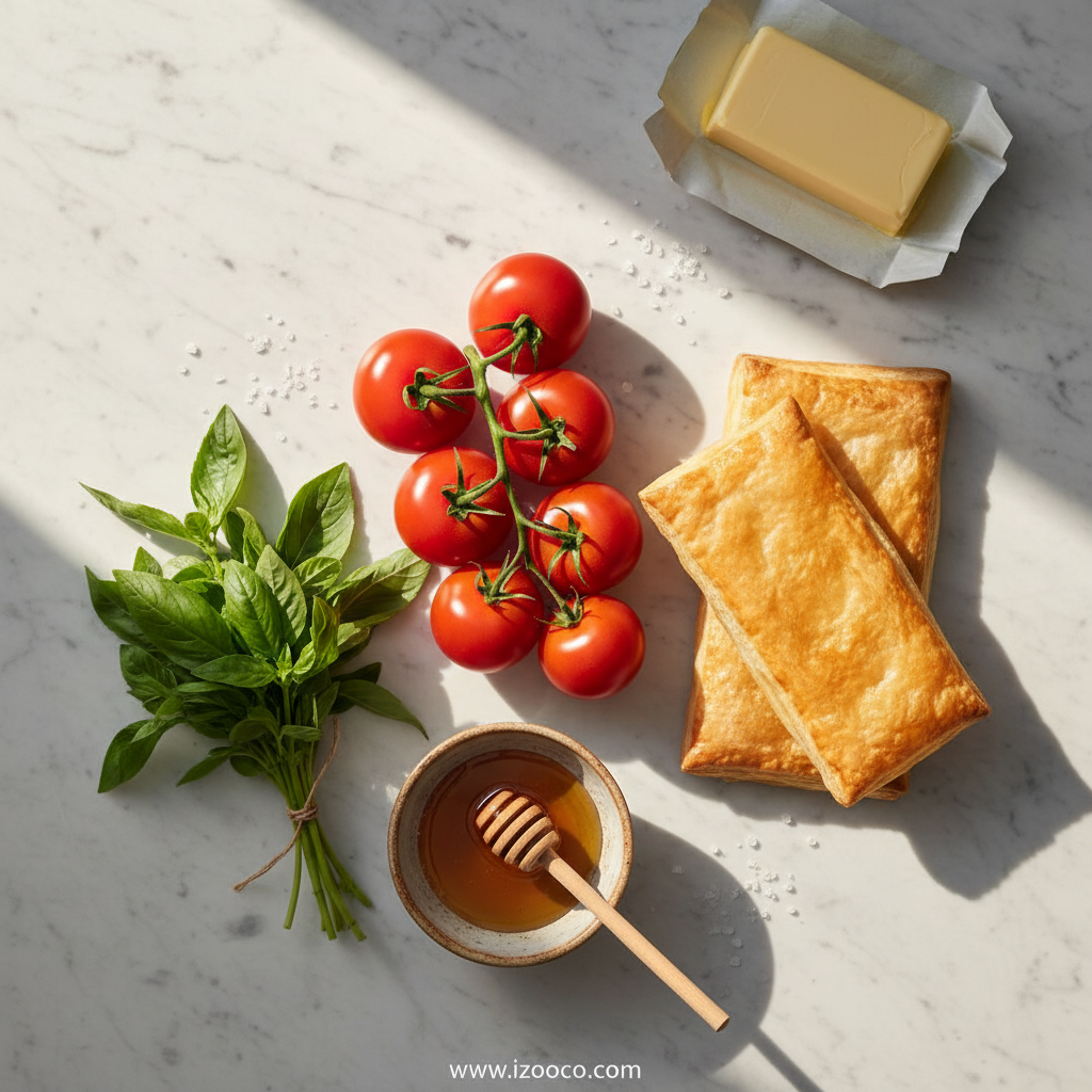 Fresh ingredients for the tomato tart including tomatoes, herbs, and pastry dough.