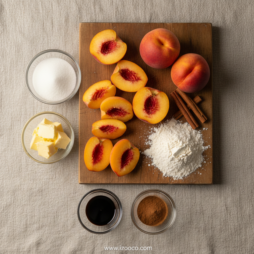 Classic Peach Cobbler Recipe: A Sweet Summer Dessert 2 Fresh peaches, flour, sugar, butter, and spices for making peach cobbler.